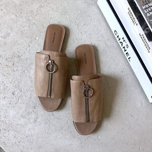 Via Spiga Hope Flat Zipper Leather Women's Beige Slide Mules Sandals 10M